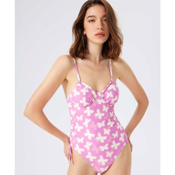 NWT Cider Butterfly Print Drawstring Underwire One Piece Swimsuit Size L - Picture 1 of 11